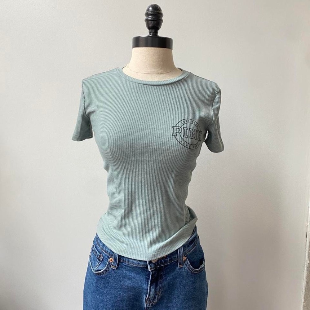 Victoria's Secret PINK Turquoise/ Teal Ribbed Baby Tee Size XS 1213